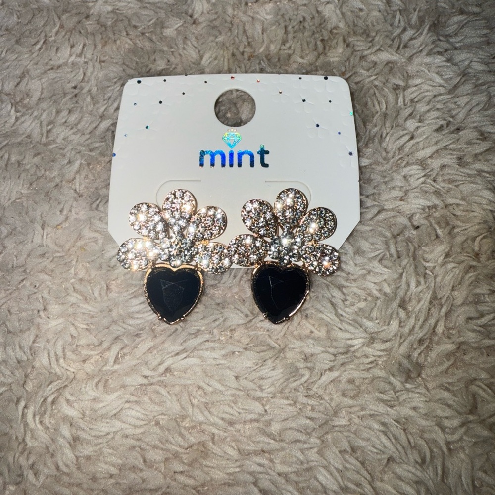 Mint Black Heart Earrings with Silver Sparkle